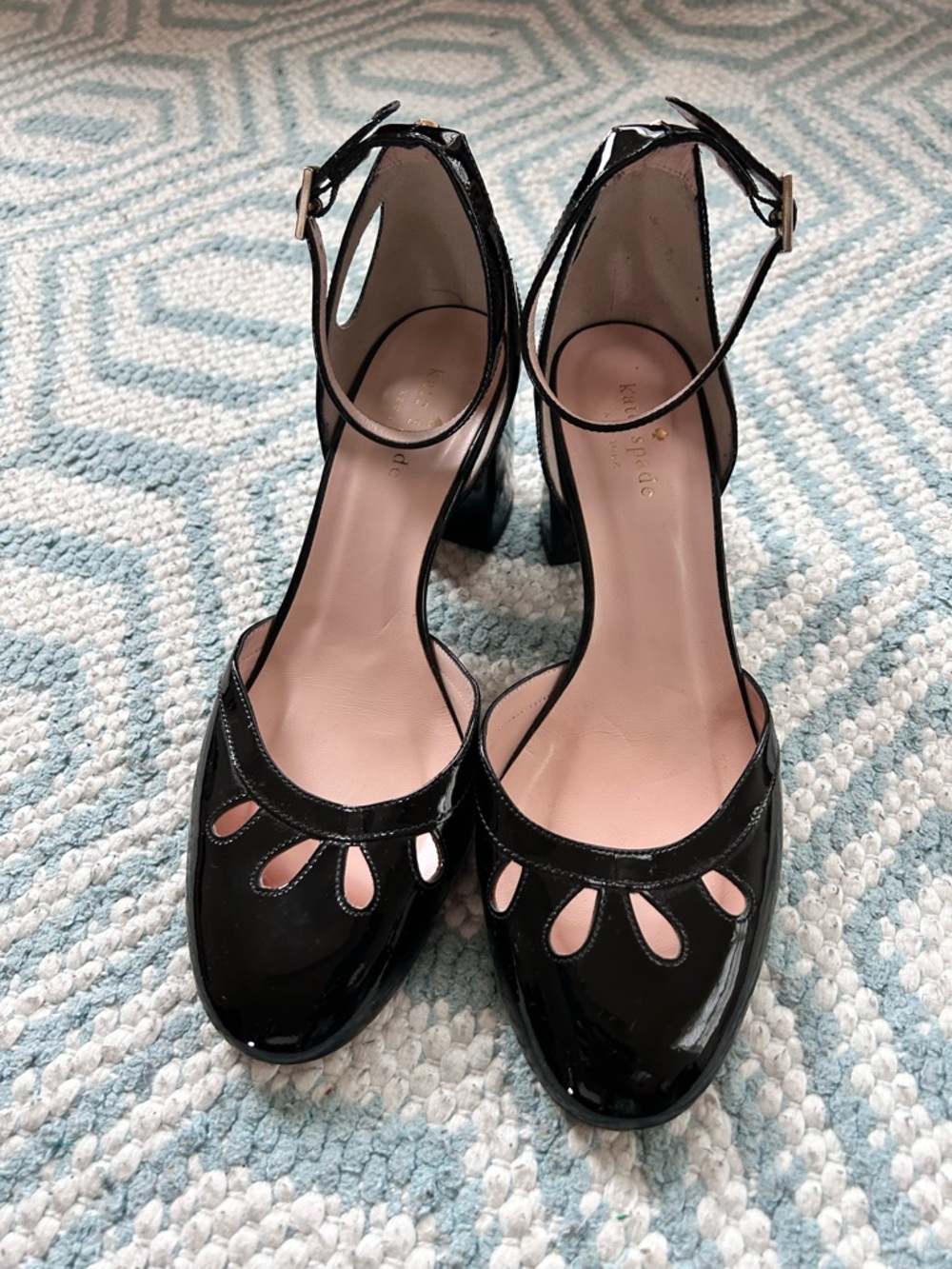 kate spade Black Patent Leather Teardrop Cutout Ankle-Strap Heels